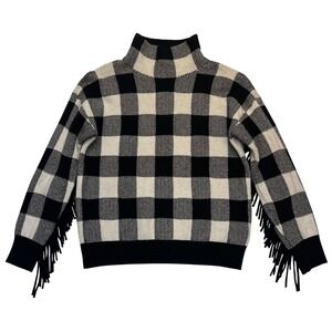 Ralph Lauren Black White Buffalo Check Western Fringe Wool Blend‎ Sweater Size M